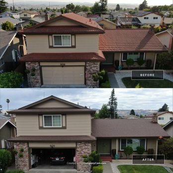 Symplify Roofing - The image presents a side-by-side comparison of a house's exterior before and after renovation. The house features a two-story structure with a garage, front yard, and landscaping. In the 'before' image, the house has an older appearance with a different siding color and roof. The 'after' image shows updated siding, a new roof, and improved landscaping, including trimmed bushes and a clean driveway. The background includes neighboring houses and a scenic landscape. - Roofing Near Me - Walnut Creek, California