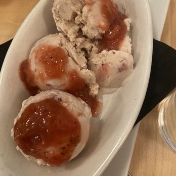 Fig - Strawberry ice cream with strawberry rhubarb compote. - French Near Me - Asheville, North Carolina Fig - Strawberry ice cream with strawberry rhubarb compote. - French Near Me - Asheville, North Carolina