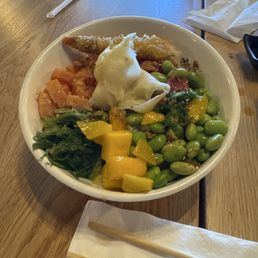 Poke with tuna, salmon, mango. Poke with tuna, salmon, mango.