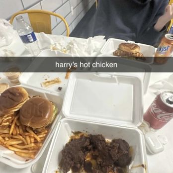 Harry's Hot Chicken - combo one on the left (2 sliders and fries) and the omfg spice level chicken poppers - Chicken Shop Near Me - Tujunga, California