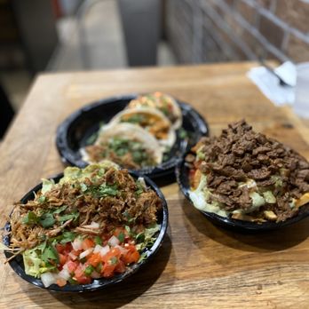 Brick and Flour - Carnitas bowl, carne asada fries (small), and three tacos - Mexican Near Me - Glendale, California