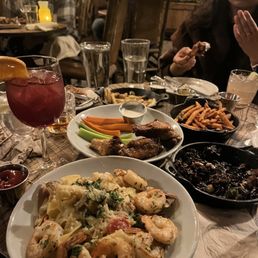 pasta with additional shrimp, brussels sprouts (BEST), garlic fries, sweet potato fries, wings pasta with additional shrimp, brussels sprouts (BEST), garlic fries, sweet potato fries, wings