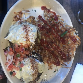 Snooze, an A.M. Eatery - Chili Verde Barbacoa Benny - Breakfast & Brunch Near Me - Addison, Texas