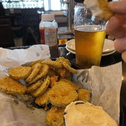 Fried pickles with a horseradish dip! I'm a friend pickle fan, however the dip was tasty with every bite.