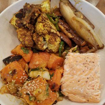 Flower Child - Salmon with Thai cashew eggplant, red chili sweet potatoes, and curry cauliflower - Vegetarian Near Me - Dallas, Texas