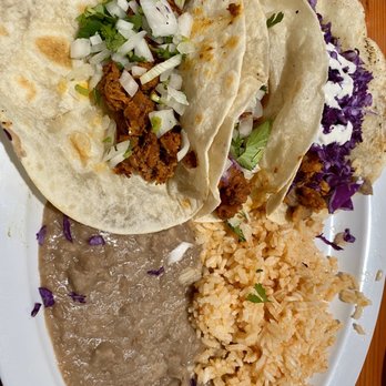 Cascabel - Three taco platter -tingas (jackfruit) spicy, barbacoa, al pastor, with in house made tortillas. - Vegan Near Me - Houston, Texas
