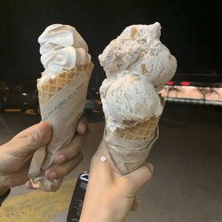 Heyn's Ice Cream - Left: Medium soft serve  Right: Adult double scoop of Apple Pie (shown on the top) and Oatmeal Cream Pie