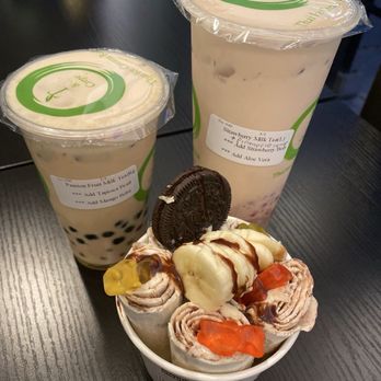 Tea & Crepe Missoula - Passion Fruit Milk Tea w/ pearl tapioca + mango boba and Strawberry Milk Tea w/ pineapple syrup, strawberry boba, and aloe vera. - Bubble Tea Near Me - Missoula, Montana