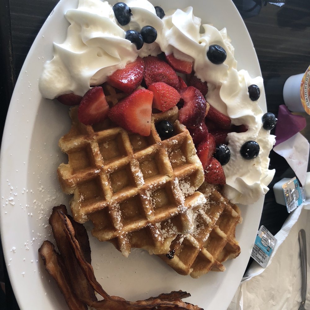 Harbor View Cafe - Belgian Waffle with a side of bacon - New American Near Me - Saint Augustine, Florida Harbor View Cafe - Belgian Waffle with a side of bacon - New American Near Me - Saint Augustine, Florida