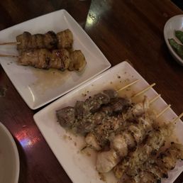 Skewers: pork belly, chicken gizzard, chicken cartilage, chicken skin Skewers: pork belly, chicken gizzard, chicken cartilage, chicken skin