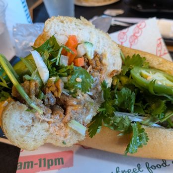 Banh Mi Ba Ba - Inside the pork banh mi - generously filled with everything, including lots of pate! - Sandwiches Near Me - Lakewood, Washington