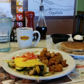 Denny's - Loaded Veggie 55+ two egg omelet with red potatoes and while wheat pancakes. - American Near Me - Cheyenne, Wyoming