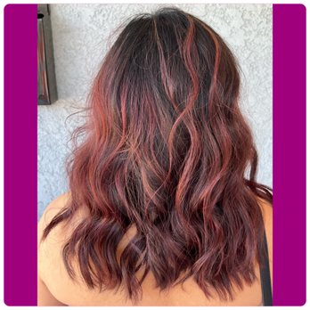 The Studio O - Long layered haircut w/ purplish red balayage & dark brown roots - Hair Stylists Near Me - Long Beach, California The Studio O - Long layered haircut w/ purplish red balayage & dark brown roots - Hair Stylists Near Me - Long Beach, California