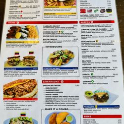 March 2025 menu of appetizers, arepas, empanadas, sides