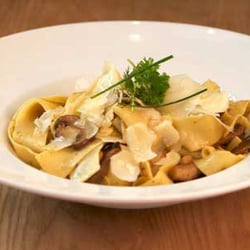 La Plaza - Vegetarian option - Pappardele with chestnuts, roasted balsamic shallots, mushrooms and herb pesto