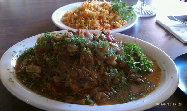 Photo of The Village House Kalina - La Mesa, CA, US. Georgian Eagle, ckn, veggies, herbs, rice mixture on side, $6.99 lunch special includes soup, salad.