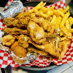 Friendly Shores Seafood & Grill - Mullet, Shrimp, Oysters, Fries, Corn, 2 Hushpuppies