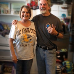 Made In Santa Cruz - Owner Dohna Dunderdale with local artist celebrity Jim Phillips.