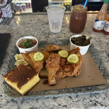 Grace Meat + Three - Prosperity Plate. 1/2 fried amazing chicken, black eyed peas, collards and corn bread. - Southern Near Me - St Louis, Missouri Grace Meat + Three - Prosperity Plate. 1/2 fried amazing chicken, black eyed peas, collards and corn bread. - Southern Near Me - St Louis, Missouri