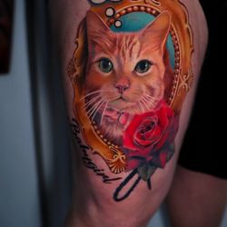 Leilani Tattoos - Realism Cat and Rose Tattoo