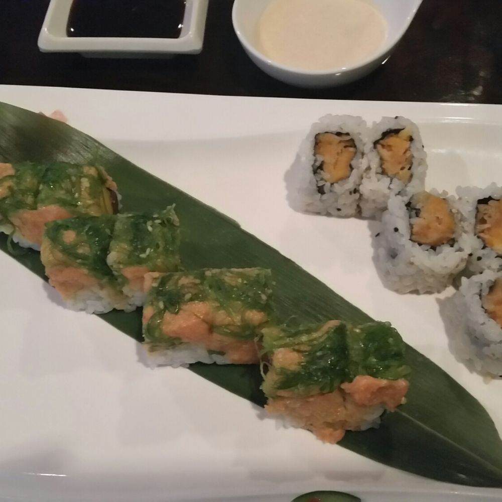 Open Sushi - Sweet potato roll and tuna with mango and seaweed salad on top. - Japanese Near Me - Jacksonville, Florida