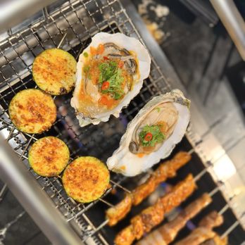 Honolulu Skewer House - E1. Grill Live North Pacific Oysters  and V6. Zucchini - Chinese Near Me - Honolulu, Hawaii
