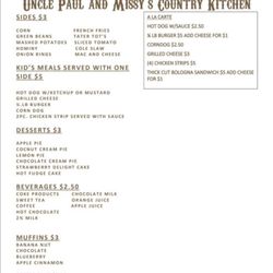 Uncle Paul and Missys Country Kitchen - The menu