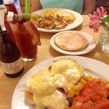 Mimosa - Far- 3 meat omelette. Close- classic eggs Benedict - Breakfast & Brunch Near Me - Franklin, Wisconsin