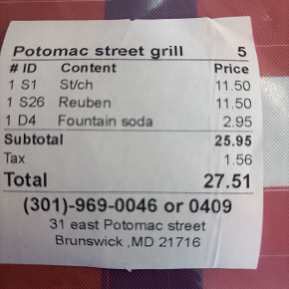 Potomac Street Grill - Receipt - American Near Me - Brunswick, Maryland