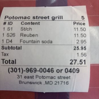 Potomac Street Grill - Receipt - American Near Me - Brunswick, Maryland Potomac Street Grill - Receipt - American Near Me - Brunswick, Maryland
