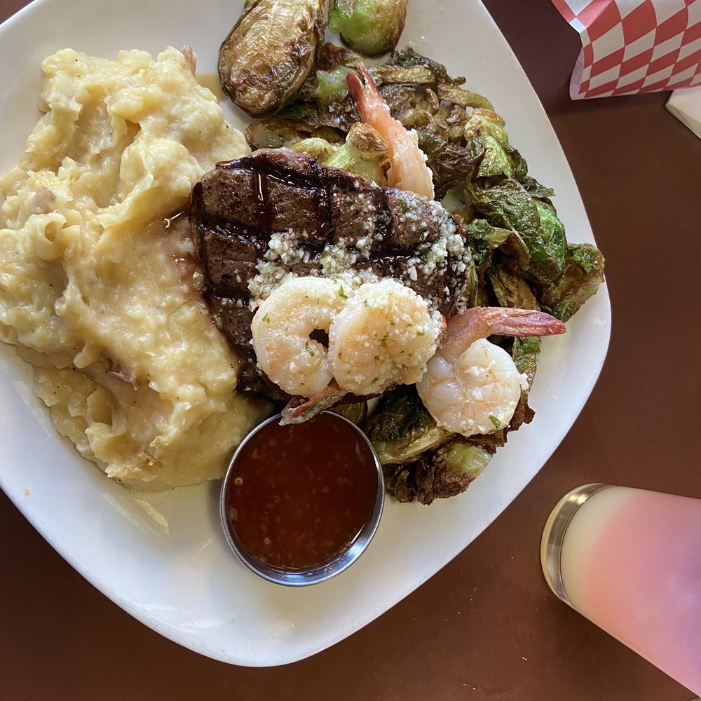 The Upper Room Kitchen - Surf & Turf Plate, Crispy Brussels, Mashed Potatoes - New American Near Me - Tracy, California The Upper Room Kitchen - Surf & Turf Plate, Crispy Brussels, Mashed Potatoes - New American Near Me - Tracy, California