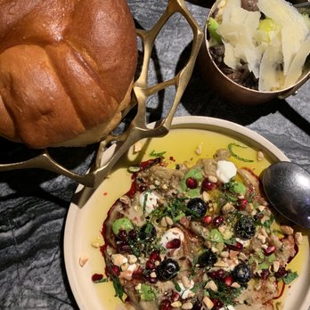 Coal Office - Top left: bread with labneh Bottom: aubergine Top right: polenta with truffles and asparagus - Middle Eastern Near Me - London, ABE Coal Office - Top left: bread with labneh Bottom: aubergine Top right: polenta with truffles and asparagus - Middle Eastern Near Me - London, ABE