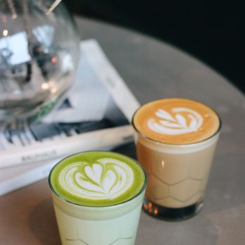 Santo Coffee - Matcha latte + vanilla latte | (ig: @alisa.eats.food) | - Coffee & Tea Near Me - Seattle, Washington Santo Coffee - Matcha latte + vanilla latte | (ig: @alisa.eats.food) | - Coffee & Tea Near Me - Seattle, Washington