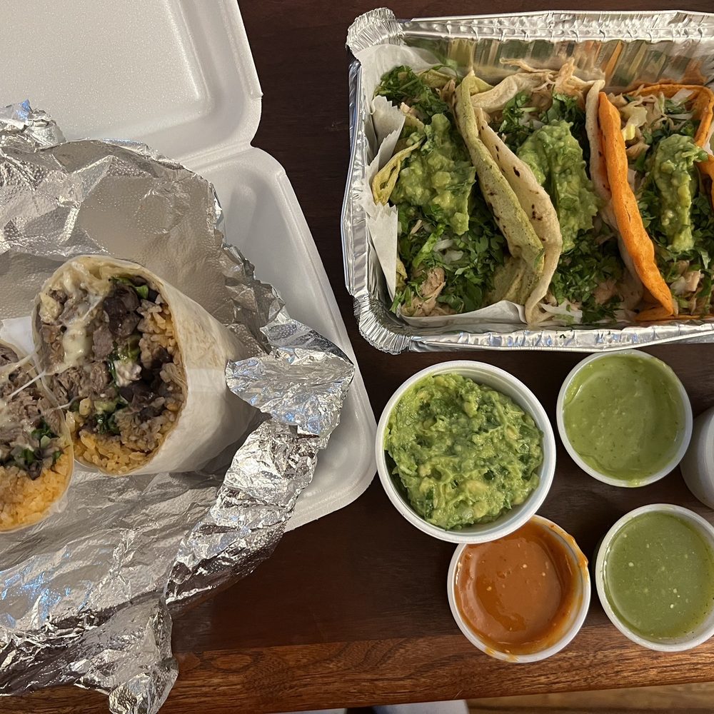 Carne asada burrito and chicken tacos