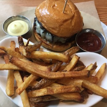 Leon's Full Service - Burger with painted hills beef, paprika, gruyere, sautéed mushrooms, caramelized onions, black pepper mayo, and frites - Gastropubs Near Me - Decatur, Georgia