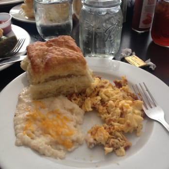 Mama's Boy - Bacon cheddar scramble with grits and a biscuit. - Southern Near Me - Athens, Georgia