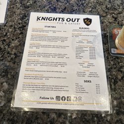 Knights Out Pub & Eatery - Front of menu