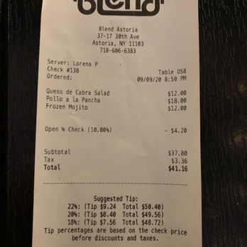 Blend Astoria - Got 10 percent off after waiting over half hour for our salad and a chicken - Latin American Near Me - Astoria, New York
