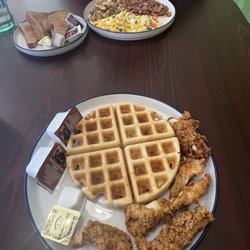 Chicken and waffles and Huevos a la mexicana