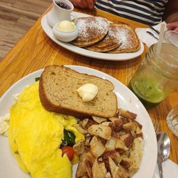 Blueberry pancakes and veggie omelette Blueberry pancakes and veggie omelette