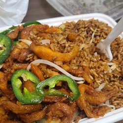Indian chicken with fried rice. Very good.