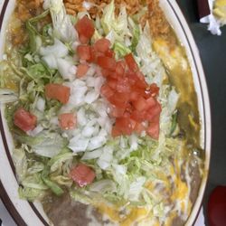Green chile cheese enchiladas with blue corn