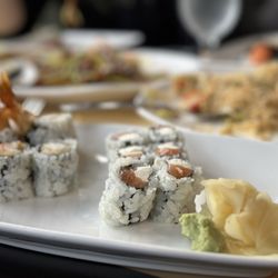 Hanami Restaurant - Cresskill - Philadelphia and shrimp tempura roll. Beef mei fun and crispy beef in the background.