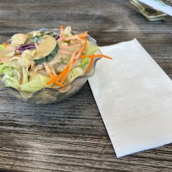 So Delicious Japanese Wasabi - Beautiful green salad w plenty of dressing. Love the embossed napkins.