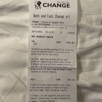 Best and Fast Change - Piazza di Spagna - The exchange receipt on December 30, 2023 - $100 USD for 58.50 Euro - Currency Exchange Near Me - Rome, RM Best and Fast Change - Piazza di Spagna - The exchange receipt on December 30, 2023 - $100 USD for 58.50 Euro - Currency Exchange Near Me - Rome, RM