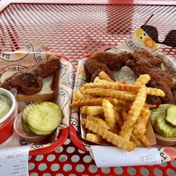 Dave's Hot Chicken - 1 Reaper, 2 Extra hot, fries, side of pickles. Reaper is nuts. i suggest extra hot if you want a good burn. - Sandwiches Near Me - Owings Mills, Maryland