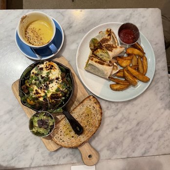 Bluestone Lane DUMBO Café - Green Baked Eggs (D) and BL Burrito (D) - Coffee & Tea Near Me - Brooklyn, New York