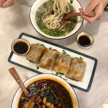 Noodle St - Top: Signature Beef Noodle Middle: Beef Roll Pancake Bottom: Spicy Beef Noodle - Noodles Near Me - Pasadena, California
