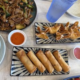 Crab Rangoon, egg rolls and pad see ew Crab Rangoon, egg rolls and pad see ew
