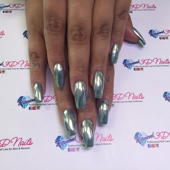 Diamond 3D Nails - Blue gel underneath silver chrome. Coffin style nails. - Nail Salons Near Me - Azusa, California